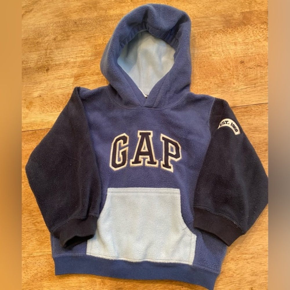 Vintage Baby Gap 2XL (2yrs) Three Tone Blue Graphic Hoodie W/ Front‎ Pouch